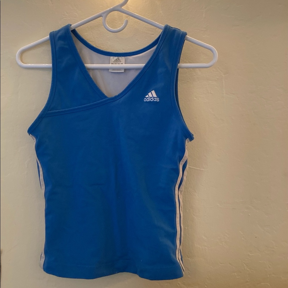 Fitted Blue Adidas Workout Tank Top White Stripe